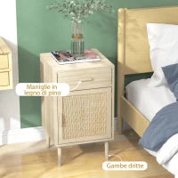 Set 2 Comodini per Camera da Letto con Cassetto e Anta in Rattan Stile Boho, Colore Legno