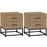 Set di 2 Comodini con 2 Cassetti Stile Industriale in Legno e Acciaio, Colore Legno