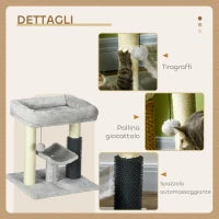 Albero Tiragraffi con Lettino, Piattaforma, Spazzola e Palo in Sisal, 40x40x48 cm, Grigio