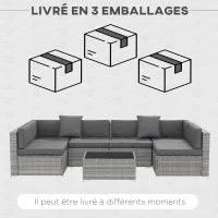 Set Salotto da Giardino da 7 Pezzi Modulari, Tavolino con Piano in Vetro Temperato, Cuscini Sfoderabili Inclusi, Grigio