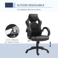 Sedia da Gaming ad Altezza Regolabile, Sedia da Ufficio con Funzione a Dondolo, Girevole e Reclinabile, 71x61x108-118 cm, Nera