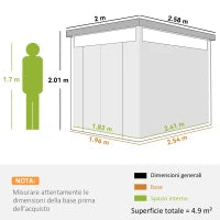 Capanno da Giardino con Lucernario in Acrilico e Fori di Drenaggio, in Acciaio, 200x258x201 cm, Grigio Scuro