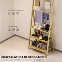 Scaffale Bagno 3 Ripiani con Porta Asciugamani a 3 Barre, Autoportante e Pieghevole in Legno di Bambù