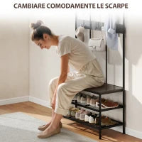 Appendiabiti da Ingresso 3 in 1 con 6 Ganci e Panca con Scarpiera, 91x36x180 cm, Nero