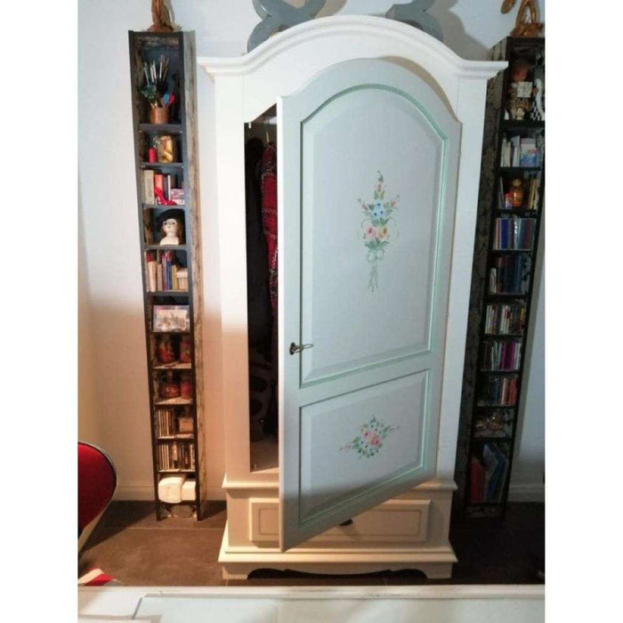 Armadio appendiabiti 1 anta 1 cassetto arte povera in legno massello e mdf con rifinitura in bianco filo verde con decori 95x56x196 H