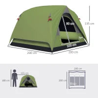 Tenda da Campeggio per 3 Persone Impermeabile con Tasca, Gancio per Lanterna e Borsa, 2x2x1.35m, Verde