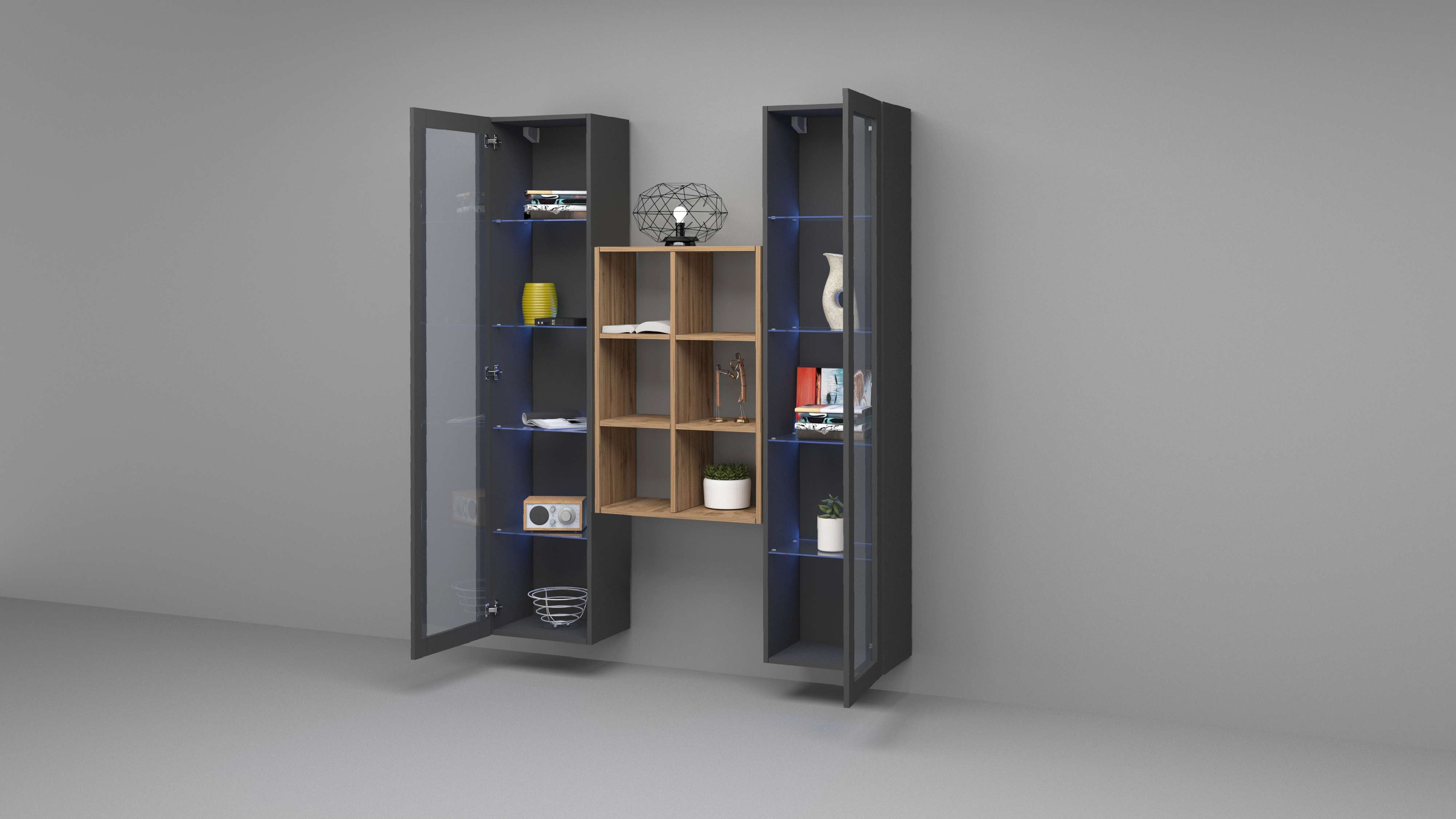 Parete attrezzata sospesa grigia libreria in legno 2 vetrine Kesia RT