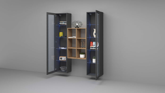 Parete attrezzata sospesa grigia libreria in legno 2 vetrine Kesia RT