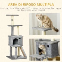 Albero Tiragraffi Multilivello con Casetta, Scala, Pallina e Pali in Sisal, 48x48x125 cm, Grigio