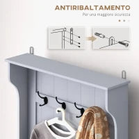 Mobile Appendiabiti 3 in 1 con 4 Ganci e Panca Contenitore, in Legno, 71.5x39.5x170 cm, Grigio