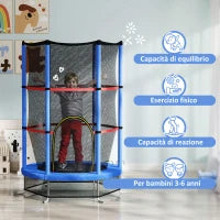Tappeto Elastico per Bambini 3-6 Anni con Rete di Protezione, 6 Colonne e 3 Ingressi, Ø140x190 cm, Blu e Nero