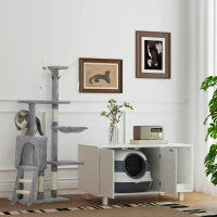 Torre per Gatti con Casetta, Trespolo, Piattaforme e 4 Topolini, in Legno, Peluche e Sisal, 50x35x134.2 cm, Grigio