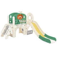 Scivolo combinato per bambini con scivolo lungo, scatola portaoggetti, tunnel, scala a pioli e canestro da basket, facile da montare e comodo da riporre, 152×186×110 cm,Verde Antico