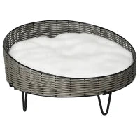 Cuccia per Cani e Gatti in Rattan PE con Cuscino in Peluche Lavabile, Φ60x32cm Grigio Scuro