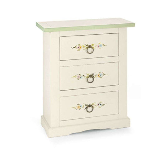 Comodino 3 cassetti in stile arte povera in legno massello e mdf con rifinitura in bianco lucido con decorato 60x35x70 H