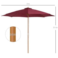Ombrellone da Giardino 3x2.5 con Palo in Legno e 8 Stecche e Copertura in Poliestere Rosso Scuro