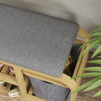 Panca Scarpiera da Ingresso con Seduta Imbottita, Design a Doghe e Cestino Estraibile, 70x30x45 cm, Legno