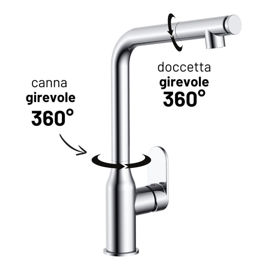 Miscelatore lavello cucina damasco con doccetta estraibile canna orientabile *** finitura- cromo lucido, confezione 1