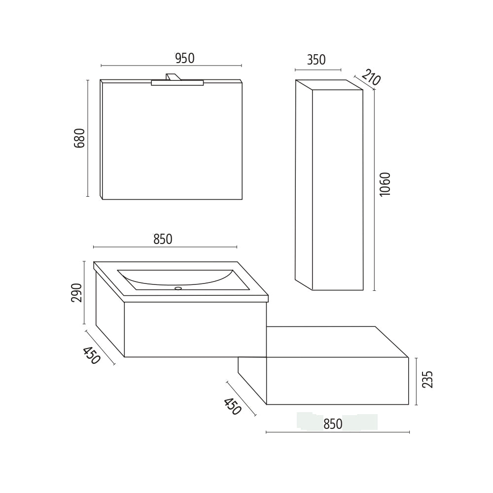 Mobile da bagno sospeso wonder corda con lavabo specchio e pensile