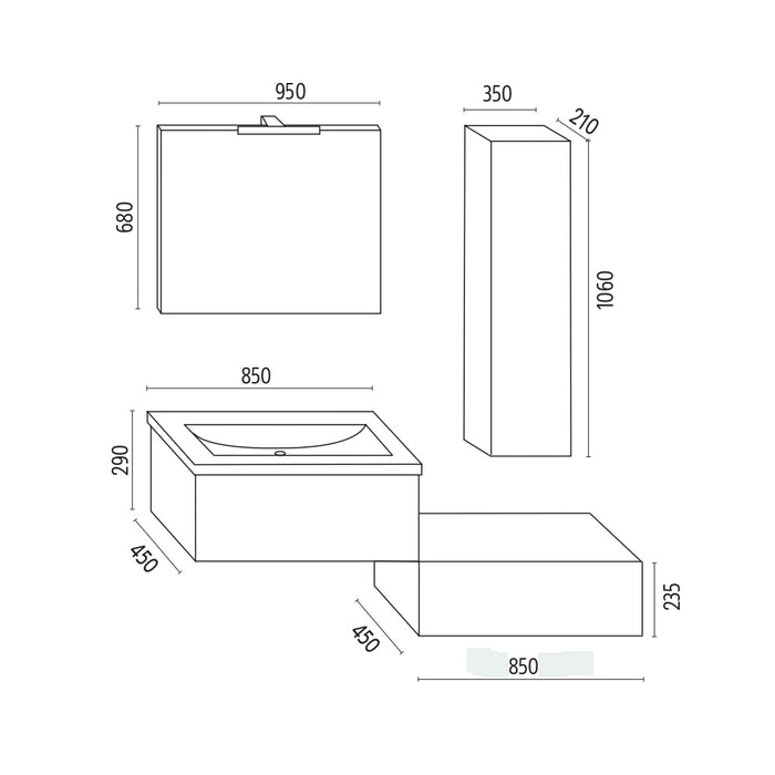 Mobile da bagno sospeso wonder corda con lavabo specchio e pensile