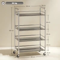 Carrello Multiuso a 4 Livelli con 2 Ripiani Regolabili e Bordi Rialzati, in Acciaio Inox, 60x35x100 cm