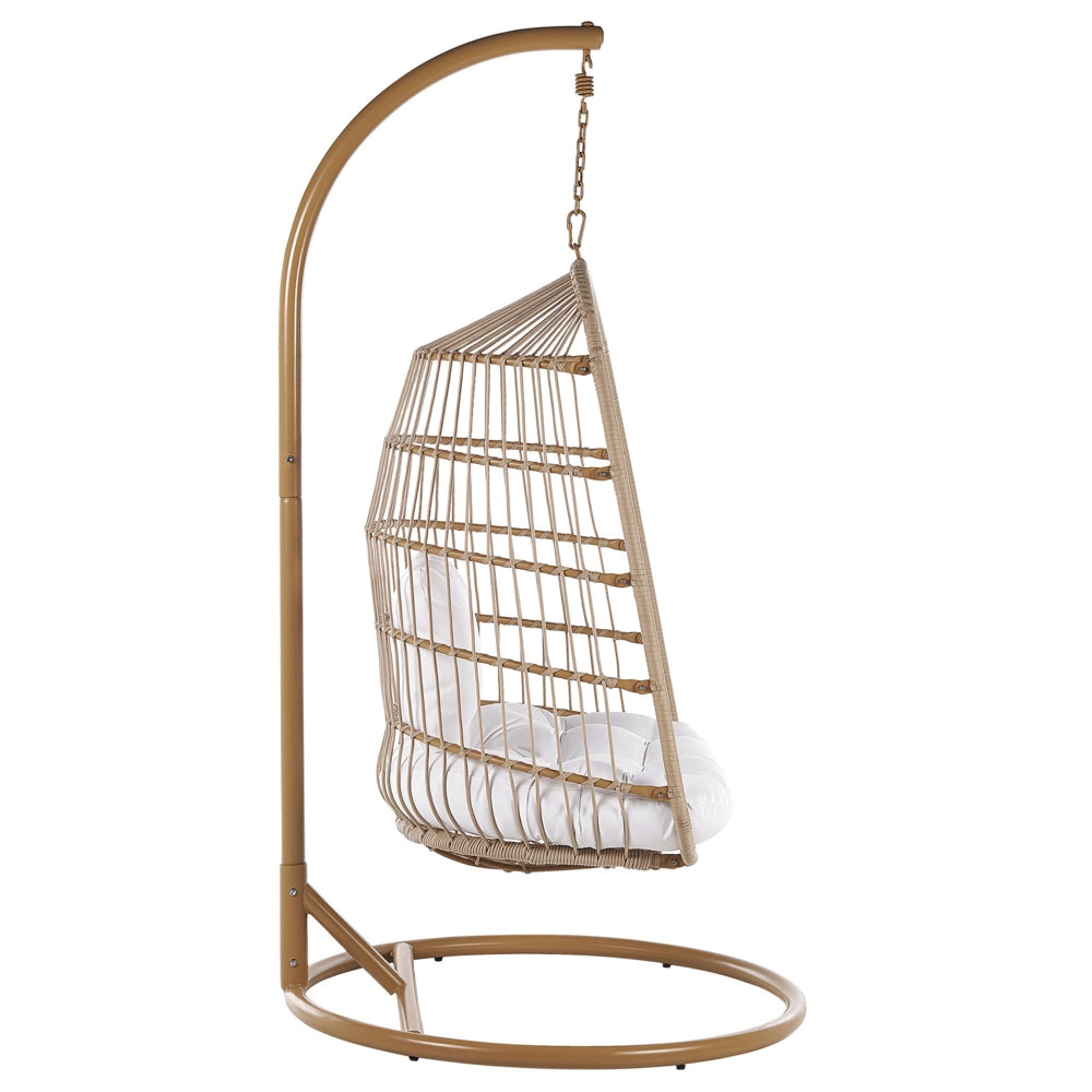 Sedia a uovo a dondolo in corda beige Supporto in acciaio Cuscino da seduta morbido Boho Rustico Soggiorno Terrazza