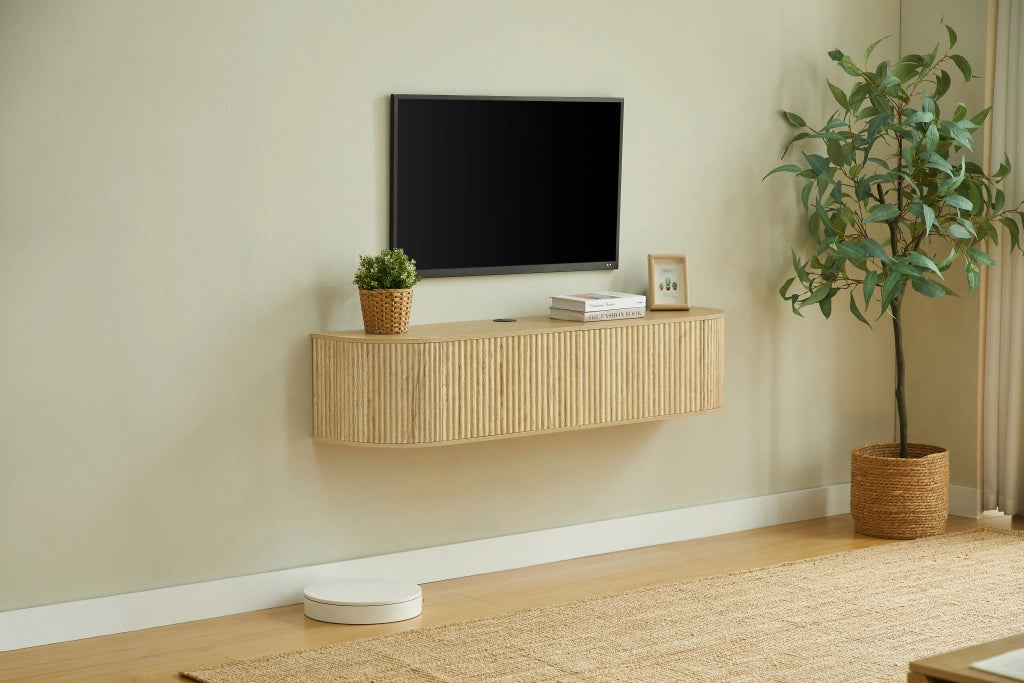 Mobile porta TV sospeso con 2 ante, passacavi e angoli arrotondati, in truciolare e MDF, naturale, 140 × 32 × 30 cm