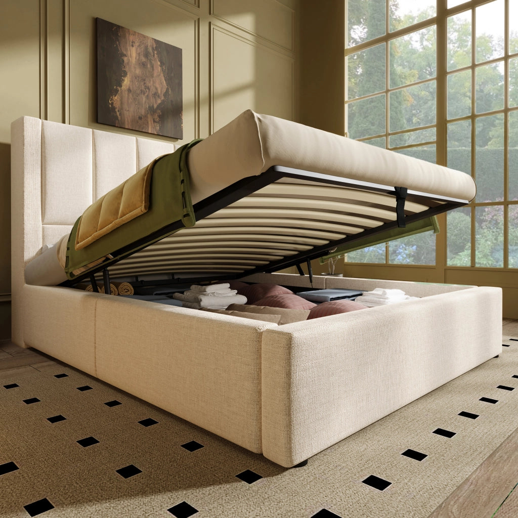 LETTO contenitore 90x200 cm in lino beige con portabicchieri e ricarica