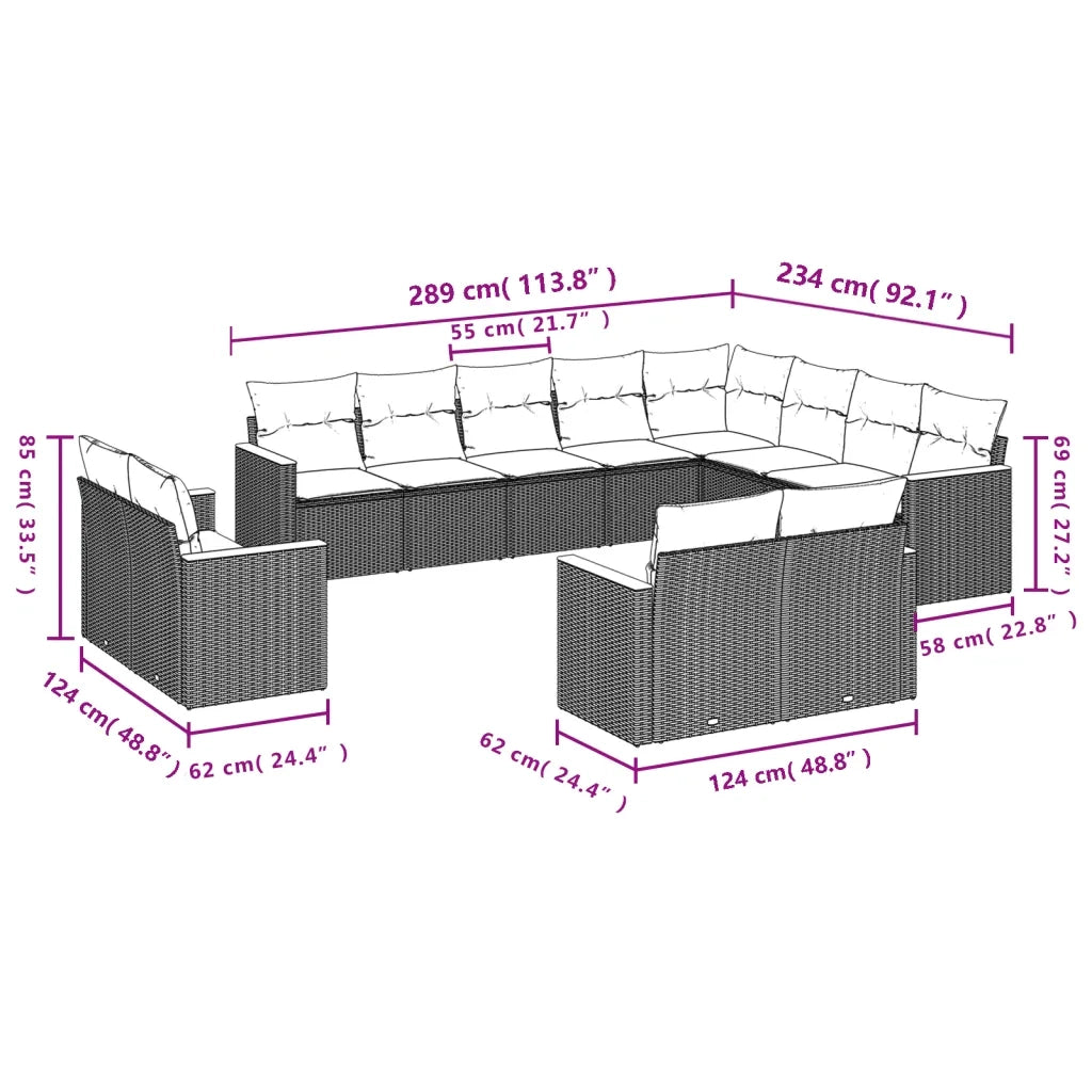 Set Divani da Giardino 12 pz con Cuscini Grigio in Polyrattan 3226515