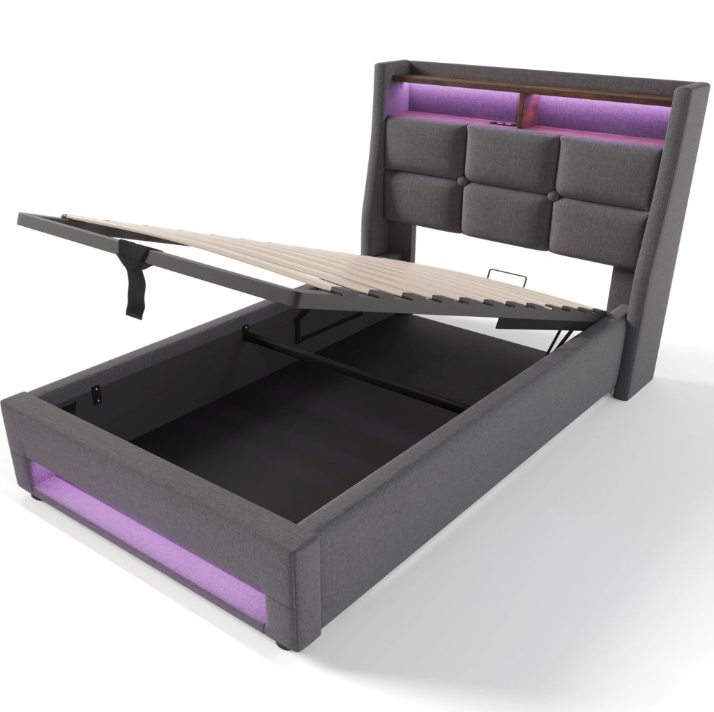 Letto matrimoniale 90x200 cm imbottito con LED e USB; rivestimento in lino grigio
