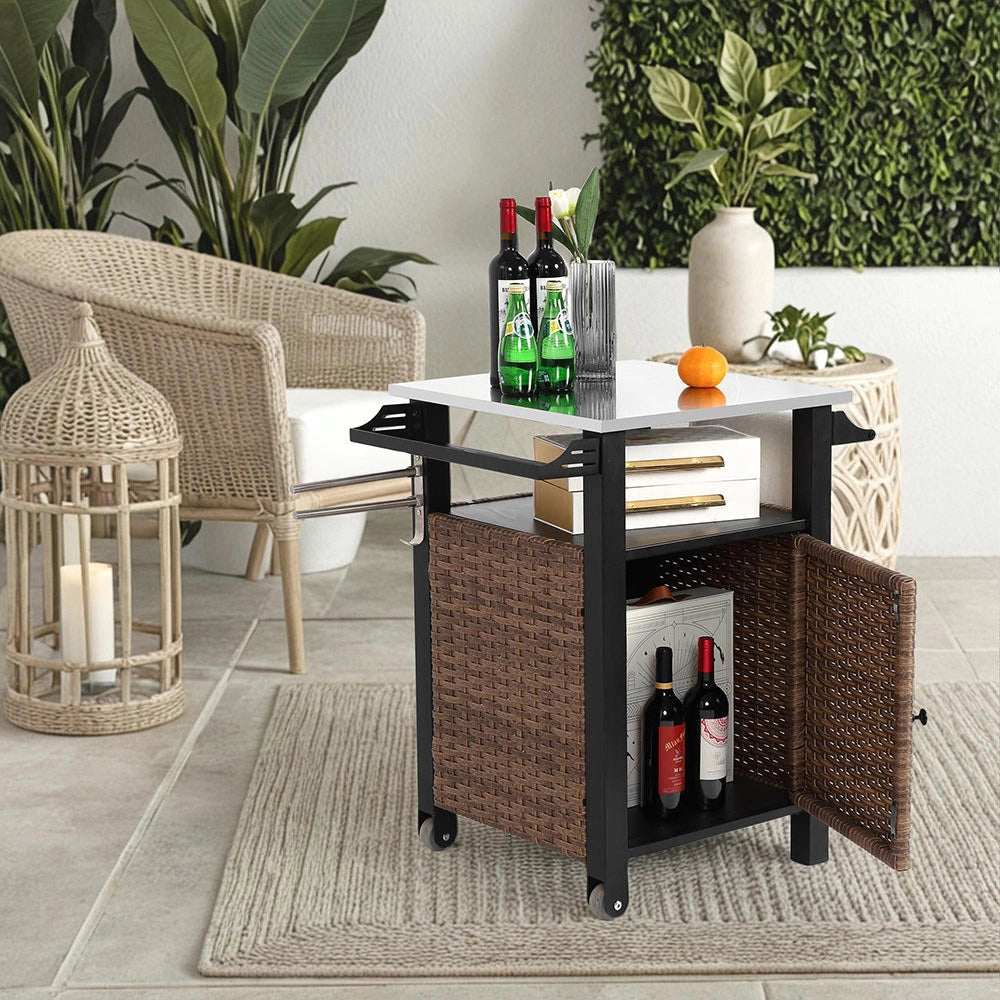 Carrello bar esterno - Xylo - 1 porta, rotelle in acciaio inossidabile, maniglia laterale, marrone