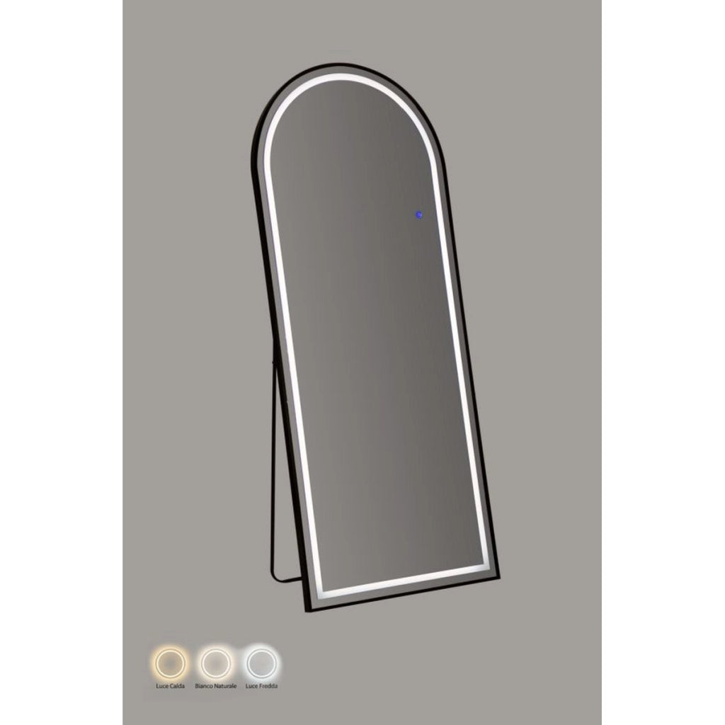 Specchio da terra ad arco con cornice nera e illuminazione LED