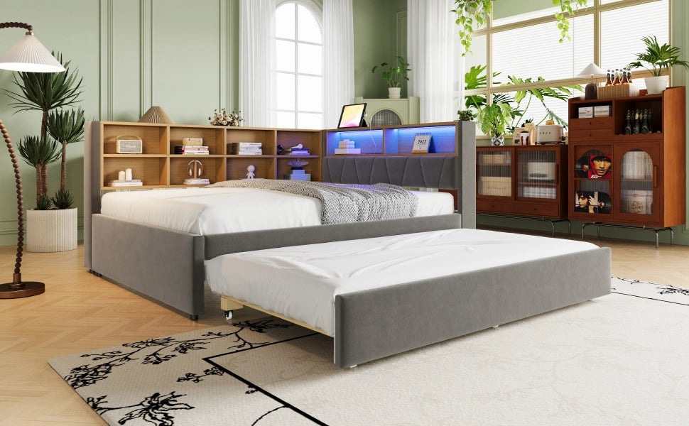 DESMIU Divano letto 140 × 200 cm 2 posti con LED, USB, Type-C e presa, senza materasso, in flanella grigio scuro