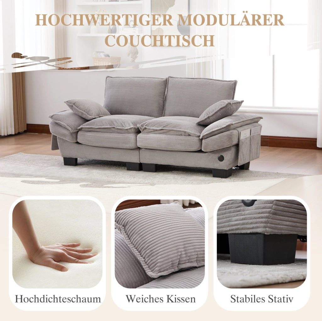 SOFA 2 POSTI 190x73x84 cm Corduroy Grigio Chiaro con USB-C