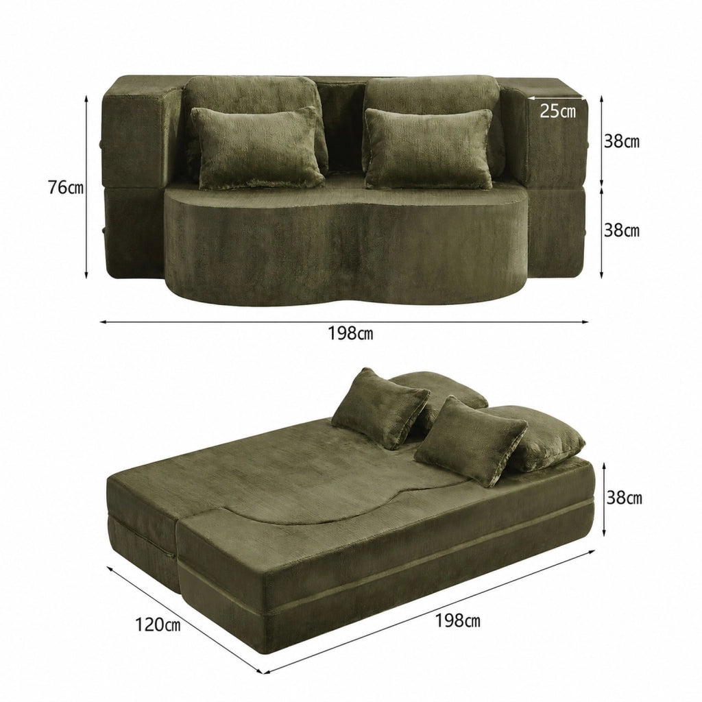Divano letto futon pieghevole 2 in 1 con schiuma ad alta densità e 4 cuscini design moderno in tessuto verde