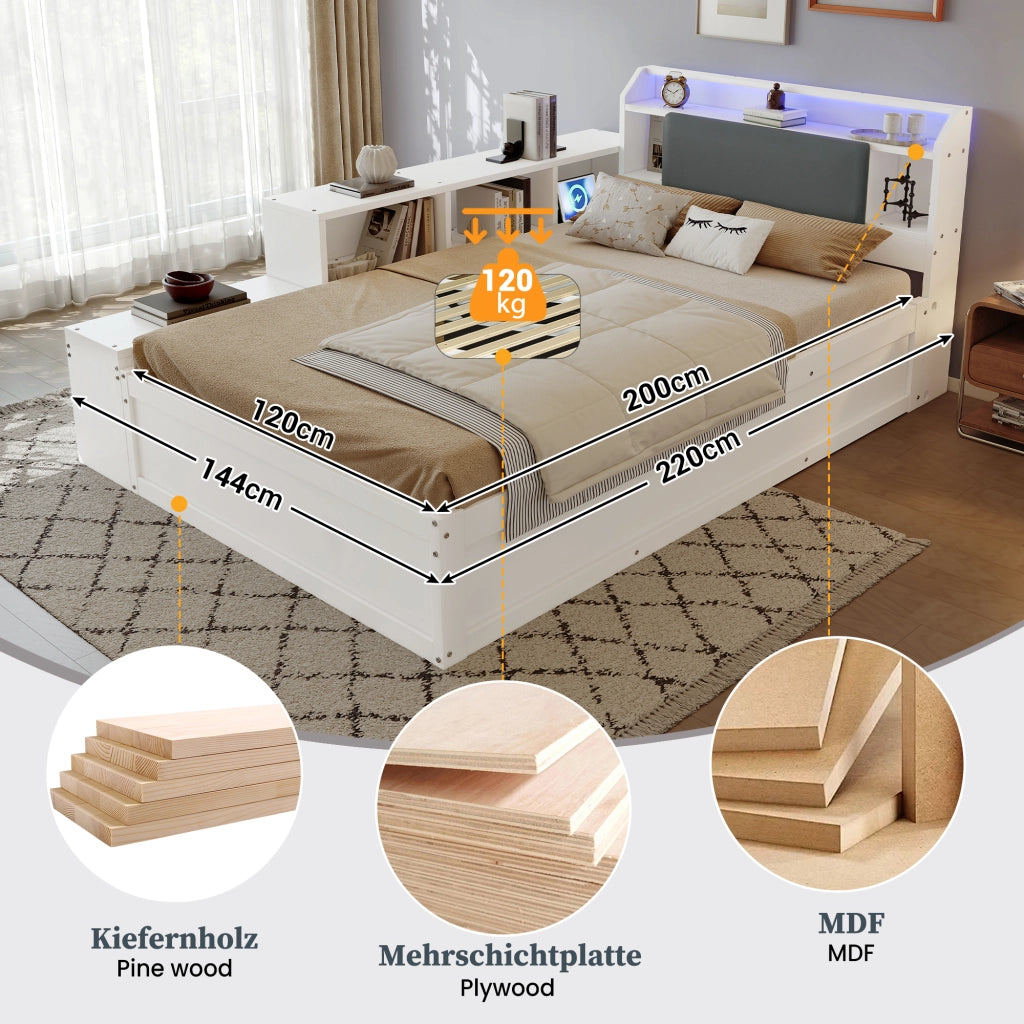 Letto contenitore 120x200 cm con apertura idraulica reversibile; testiera imbottita con vani; LED e USB; legno bianco