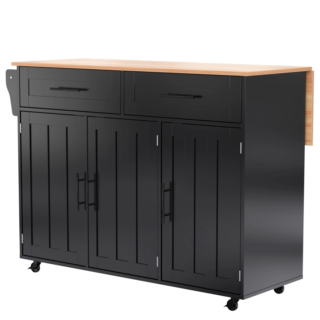 Isola da Cucina Mobile 129x46/71x91,5 cm Nera e Legno con Piano Ribaltabile, 2 Cassetti e 5 Ruote