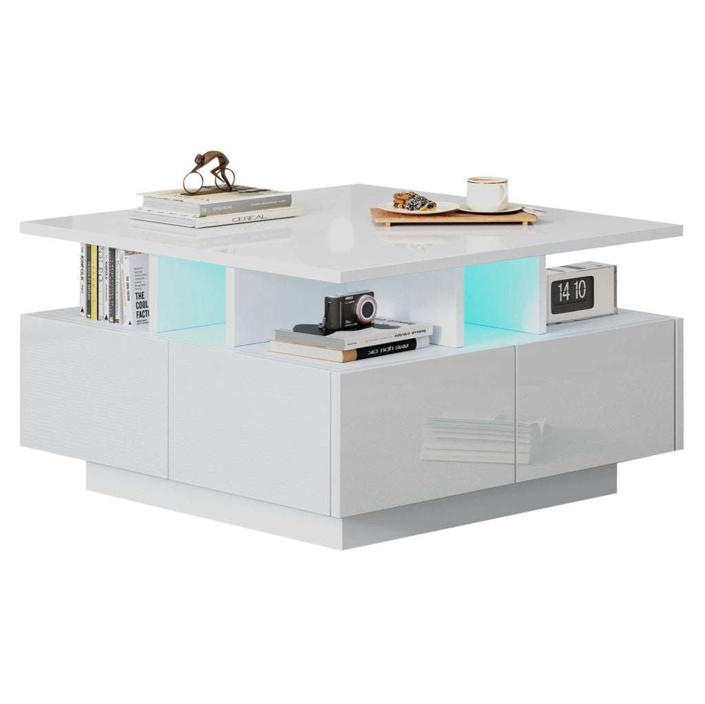Tavolino da caffè LED bianco 70×70×40 cm con 4 cassetti
