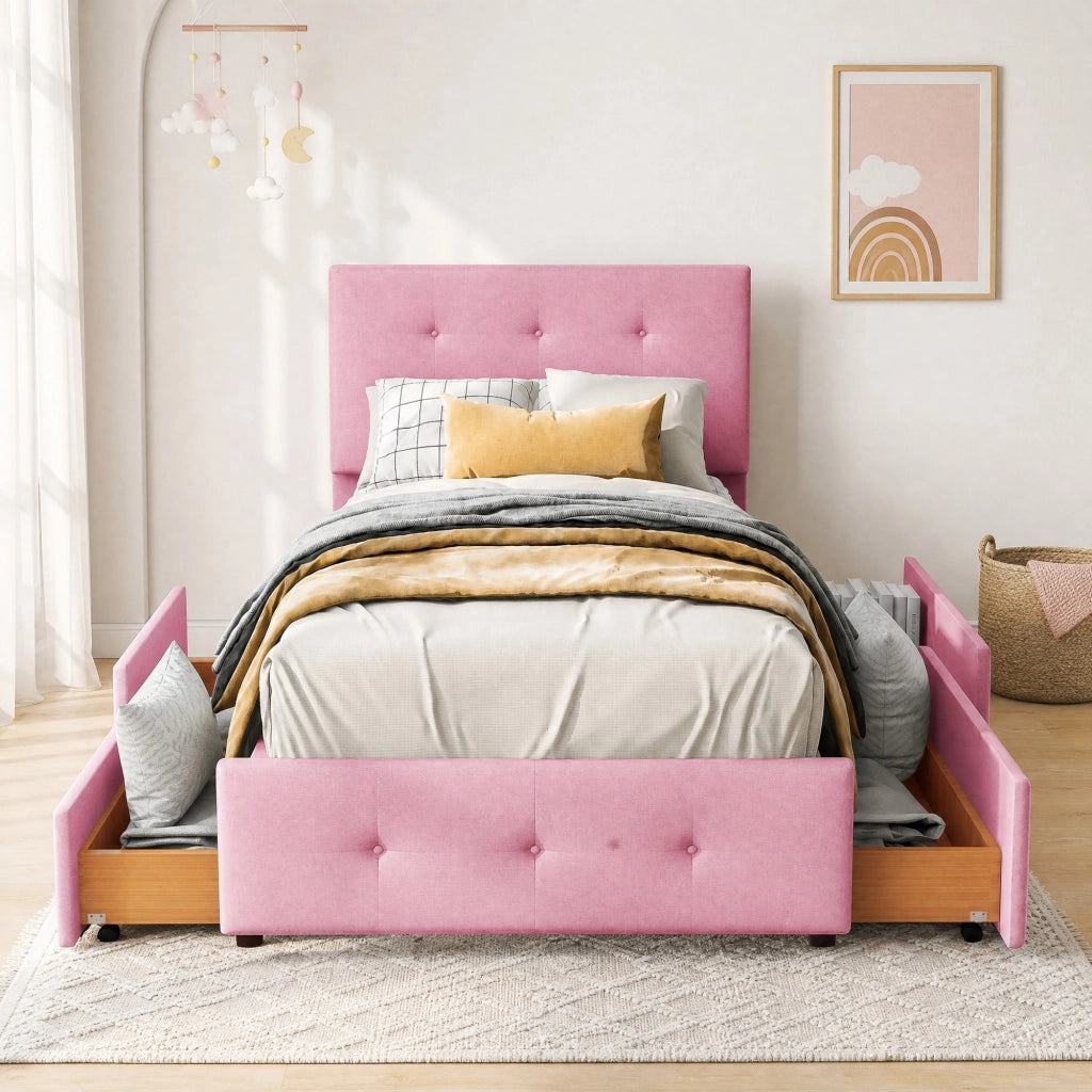 Letto imbottito con rete 90x200 cm; con testiera e cassetto contenitore; velluto rosa