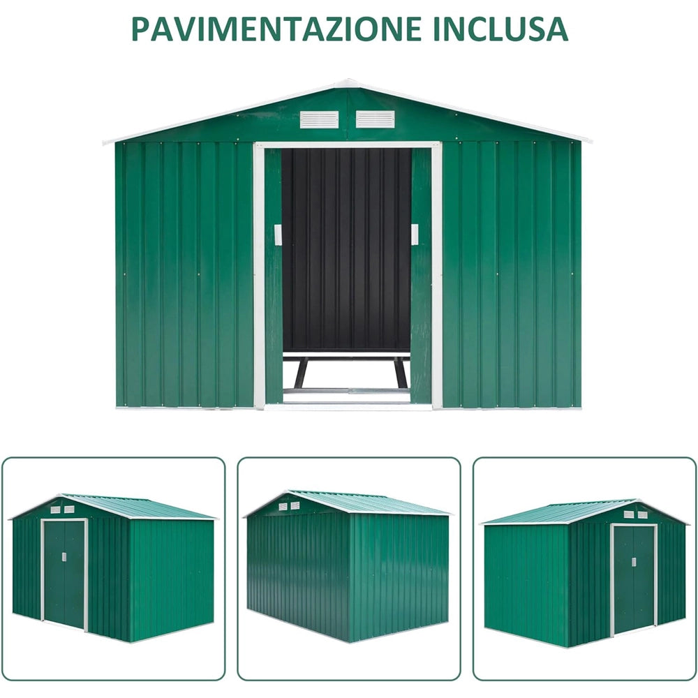 CASETTA BOX PORTA ATTREZZI CAPANNO GIARDINO BASE E DOPPIE PORTE SCORREVOLI 277×195×192cm IN ACCIAIO VERDE OUTSUNNY 845-031GN