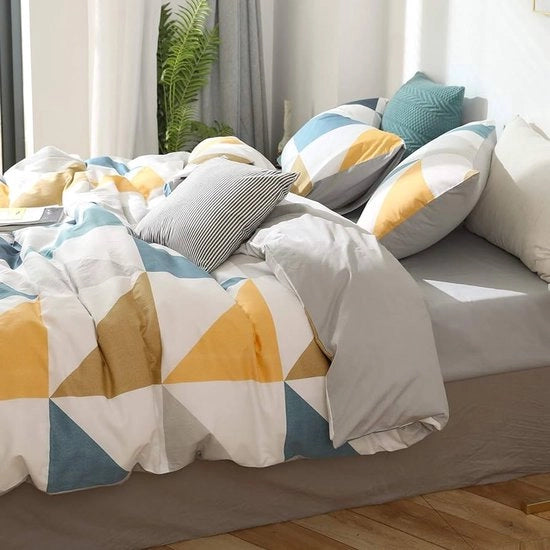 Set di tende da letto - disegno geometrico moderno - 1 pezzo - blu giallo - 100% cotone - 200 x 200 cm