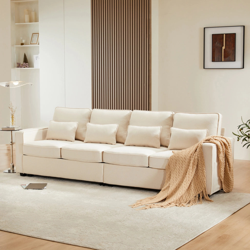 Divano Lineare 4 Posti con Tasche Laterali e 4 Cuscini; Schienale Alto Comfort; Struttura in Legno e Metallo in Lino Beige