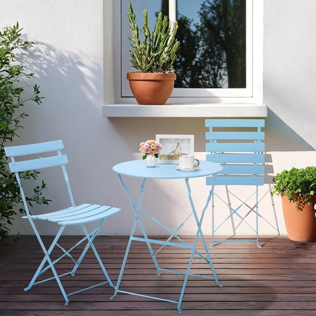 Set da Bistrò 3 Pezzi, Tavolo da Giardino Pieghevole Metallo, Set da Balcone con 2 Sedie, Mobili da Giardino, Pieghevole, Tavolo con Sedie per Balcone e Terrazzo, Blu