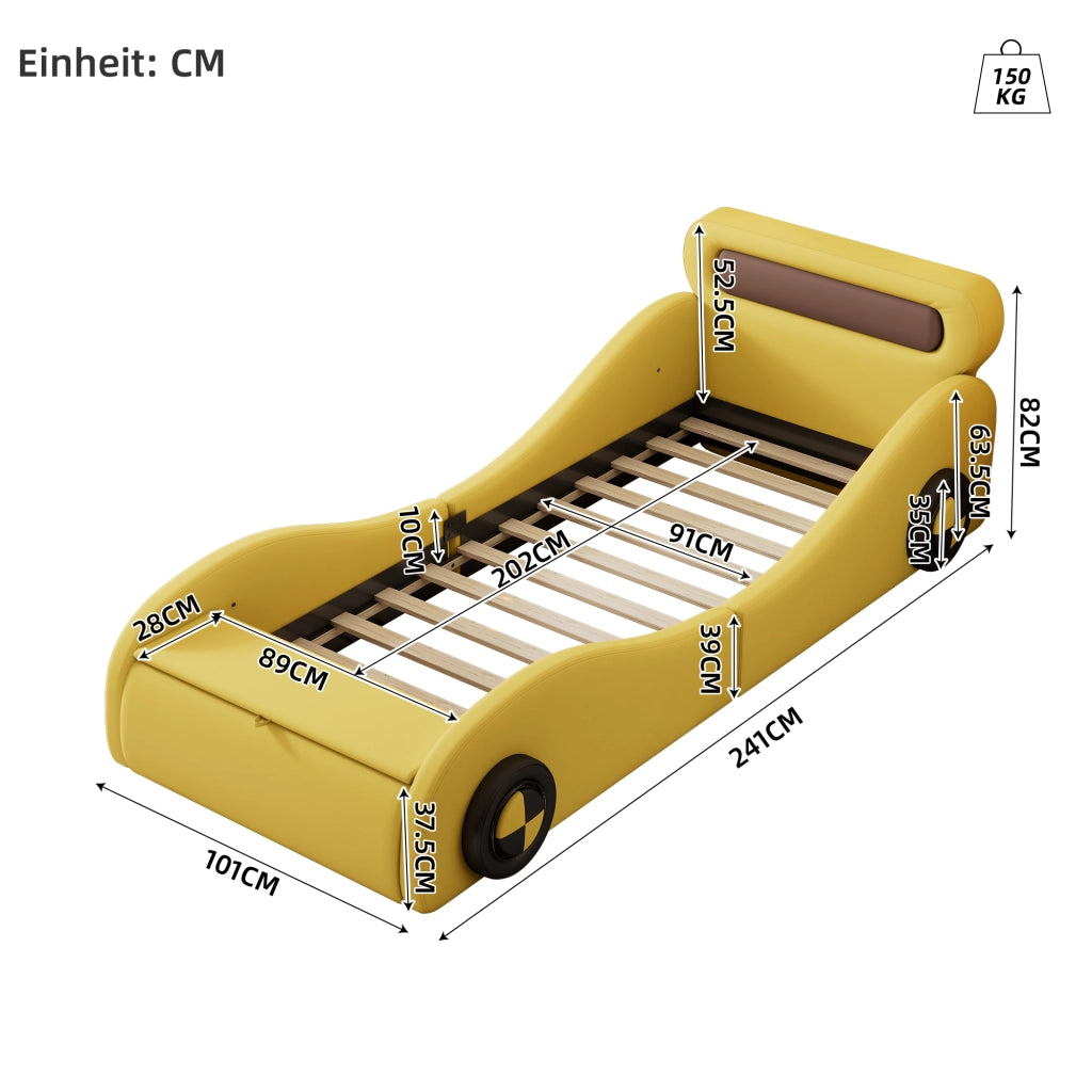 Letto per Bambini Letto Singolo con Ruote Luminose Regolabili e Vano Contenitore 90×200 cm; senza Materasso; PU; Giallo