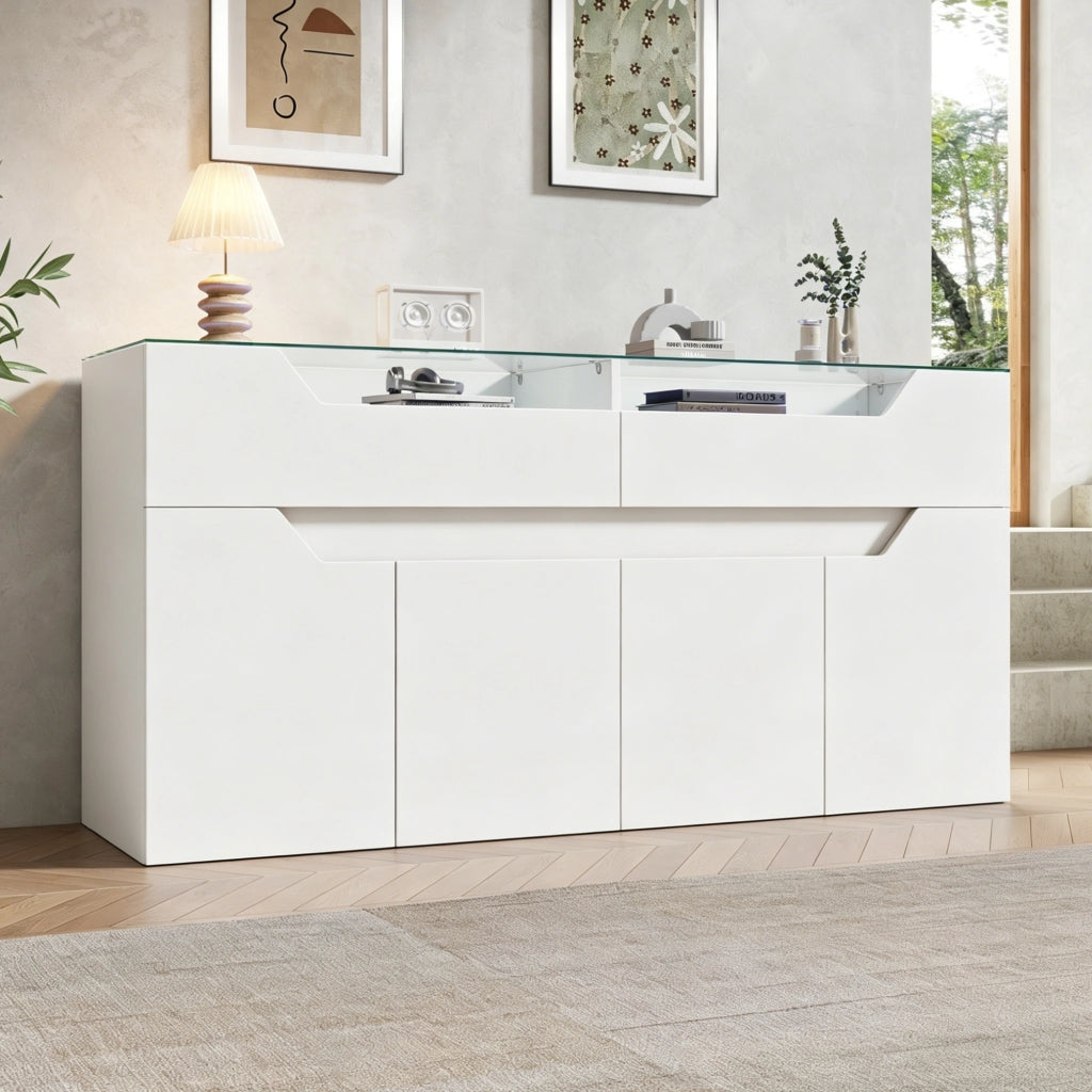Credenza bianca 140x40x70 cm con LED, vetro e 2 cassetti