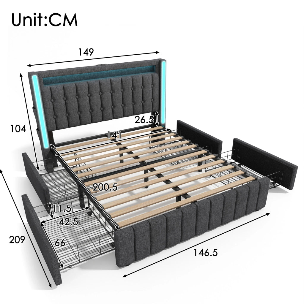 Letto matrimoniale 140x200 cm in lino grigio con USB; USB-C; LED e 4 cassetti