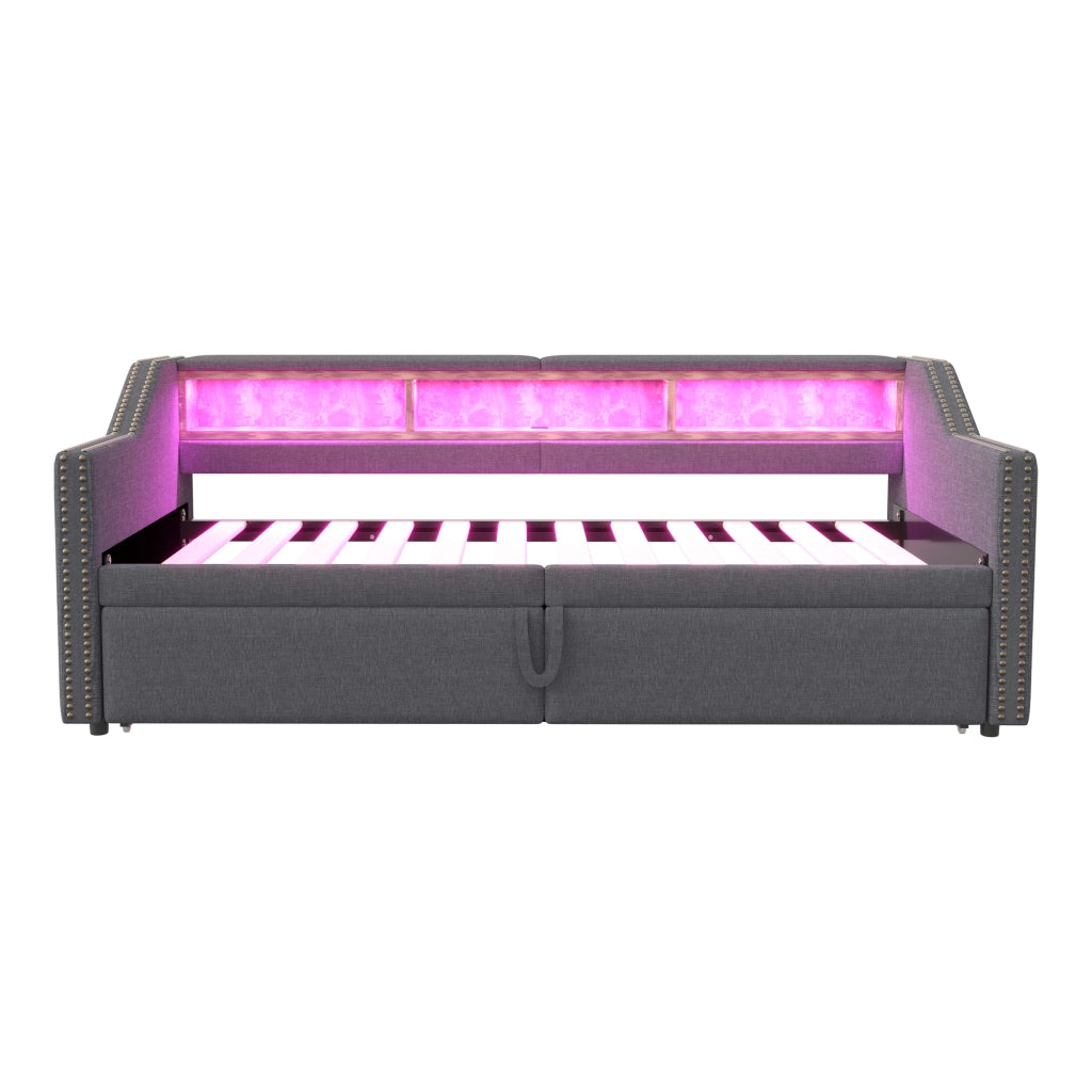 DESMIU Lit divano 90 × 200 cm et 180 × 200 cm 2 posti con ripiani, LED, USB, senza materasso, in lino, grigio scuro