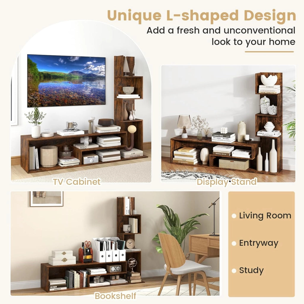 Mobile TV Soggiorno con Mensole a Forma di L e Scomparti Aperti, Mobiletto Multifunzione per Televisione fino a 50”, Mobile Porta TV e Libri in Legno per Camera da Letto, Ingresso (Marrone)