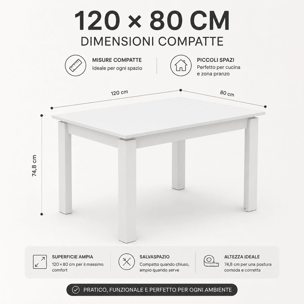 Tavolo da Pranzo 120x80 Allungabile fino a 170 cm Rettangolare in Legno Bianco