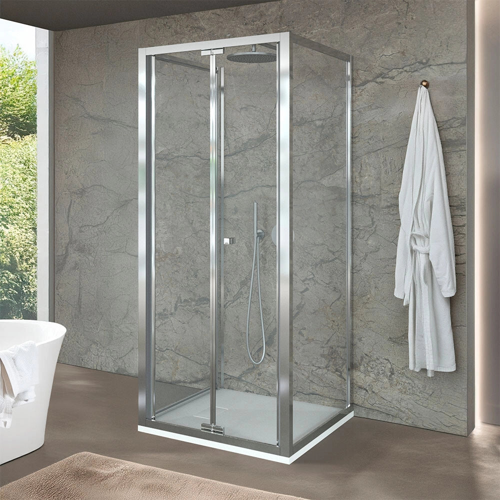 Box doccia 3 lati 90x80x90 doppia porta fissa + soffietto in vetro trasparente Ted